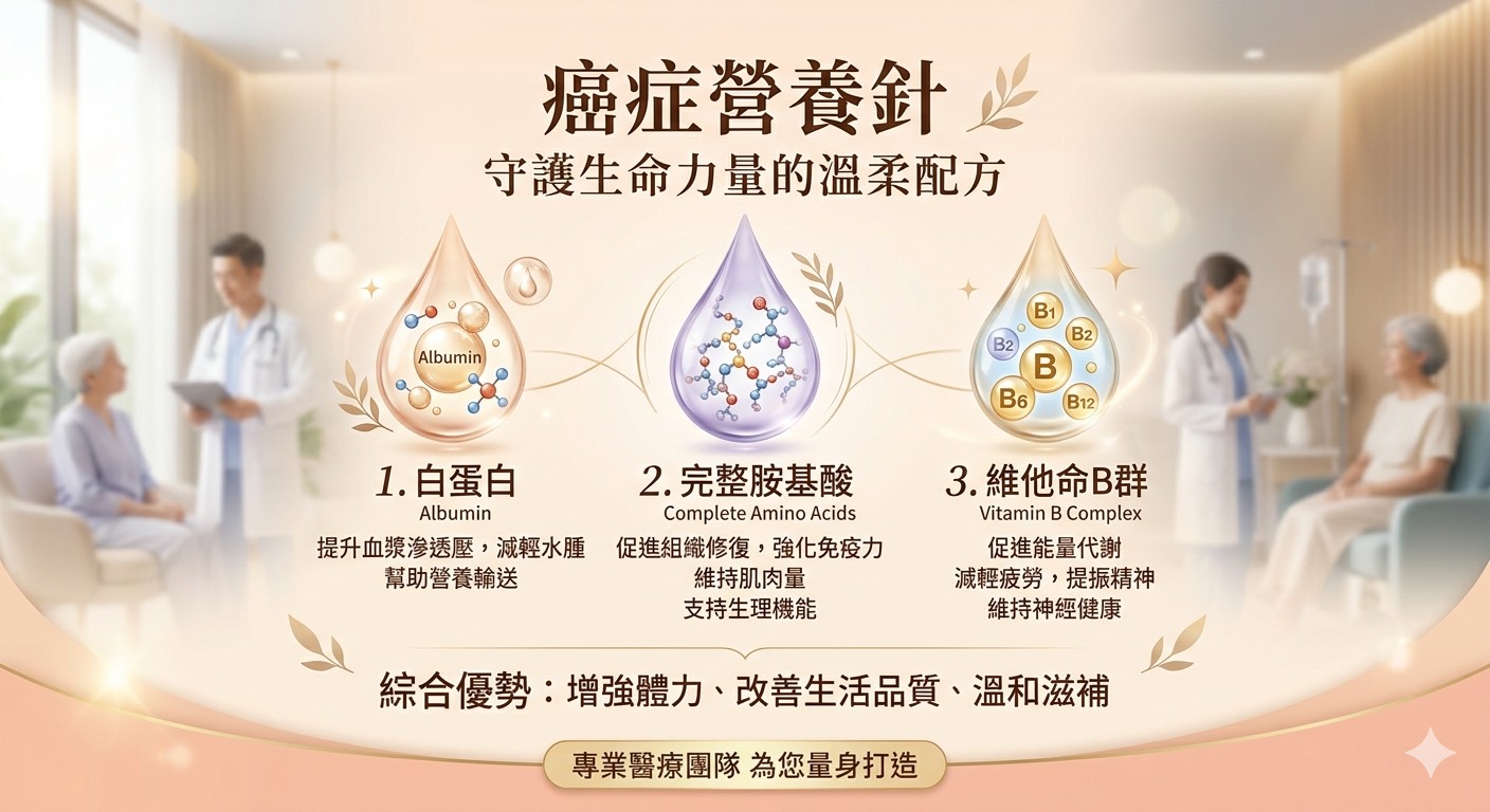 癌症營養針三大成分：白蛋白 Albumin、完整胺基酸 Complete Amino Acids、維他命B群 Vitamin B Complex