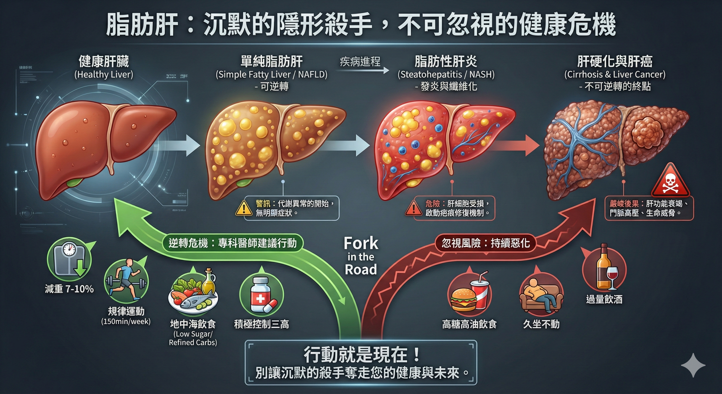 脂肪肝病程進展圖：從健康肝臟到肝硬化與肝癌的演變過程