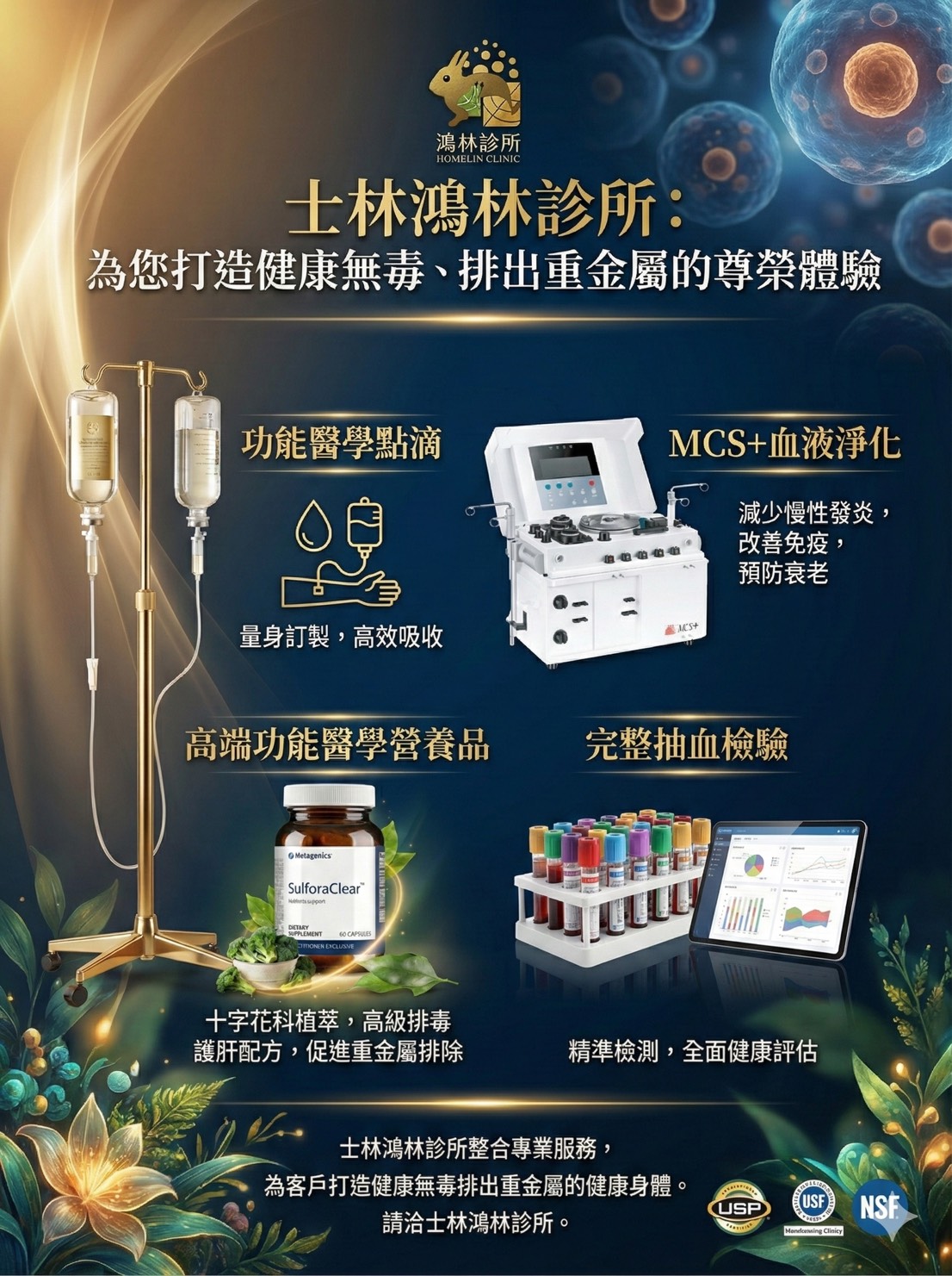 鴻林診所重金屬排毒：功能醫學點滴、MCS+血液淨化、高端功能醫學營養品、完整抽血檢驗