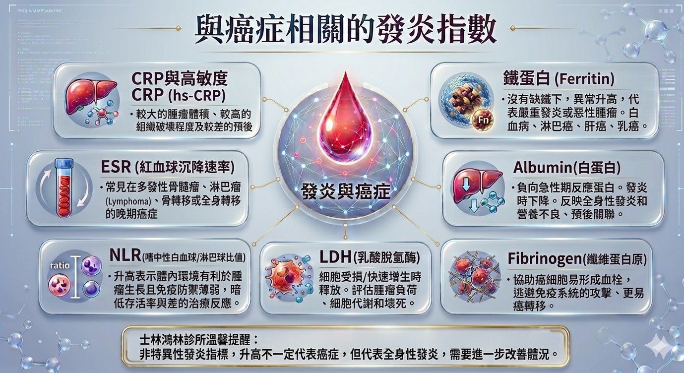 與癌症相關的發炎指數｜CRP、ESR、NLR、LDH、Ferritin、Albumin、Fibrinogen