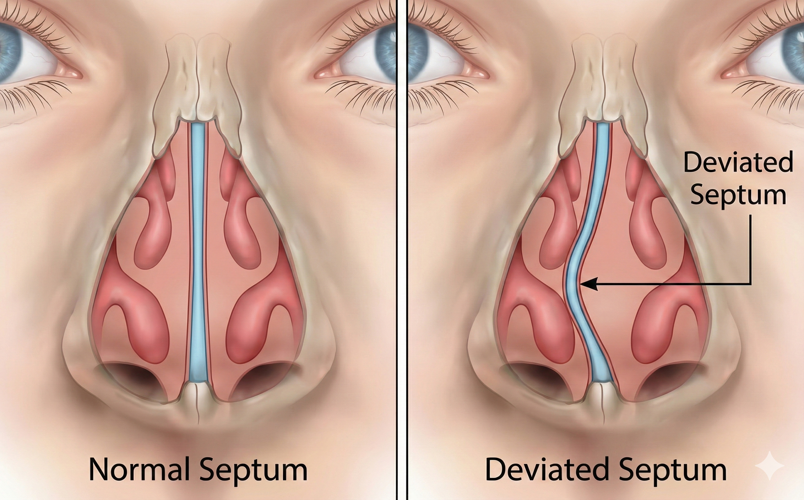 鼻中隔彎曲 vs 正常鼻中隔示意圖